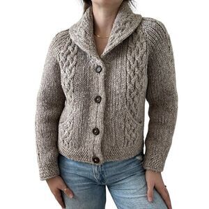 Vintage 1970s Womens Hand Knitted Beige 100% Wool Chunky Fisherman Cardigan Sz M